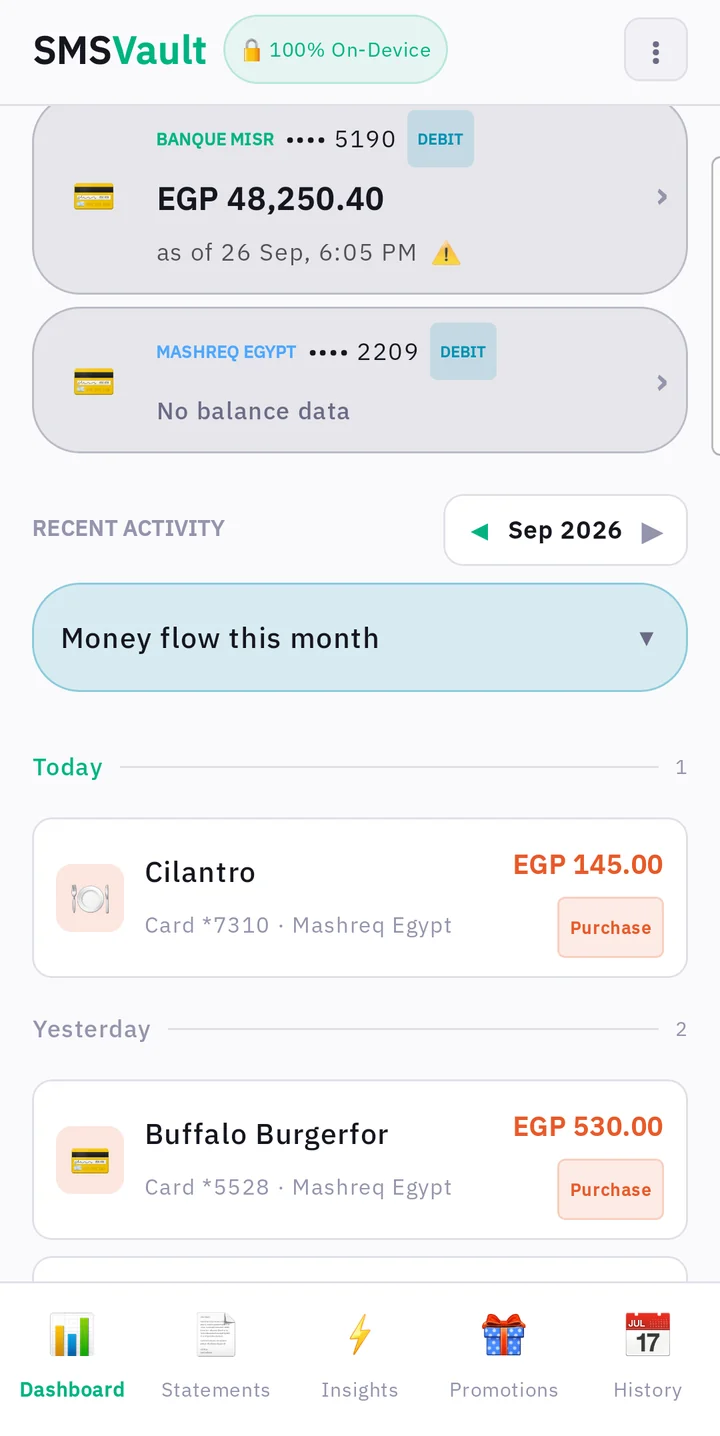 Dashboard: debit cards and recent activity