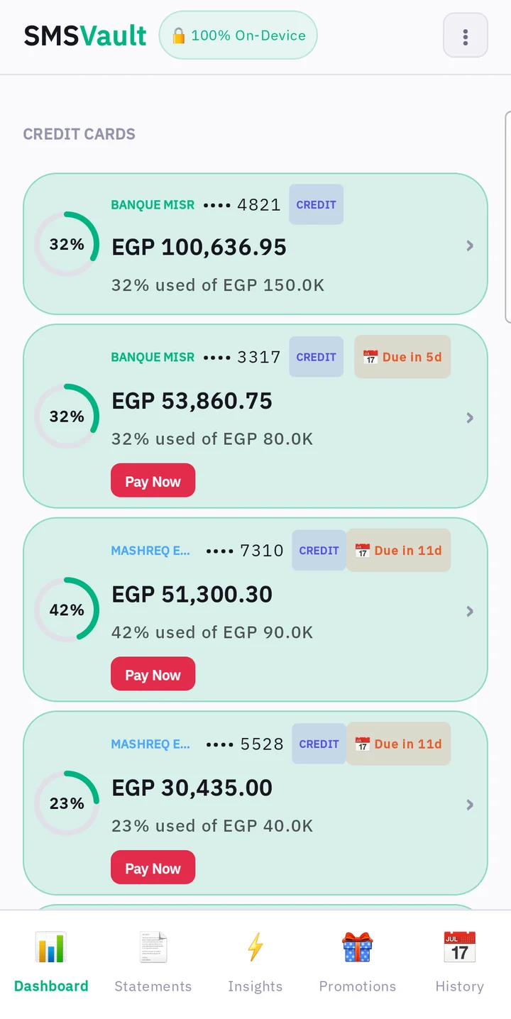 SMSVault Dashboard with credit cards, each showing balance and a ring for % of limit used