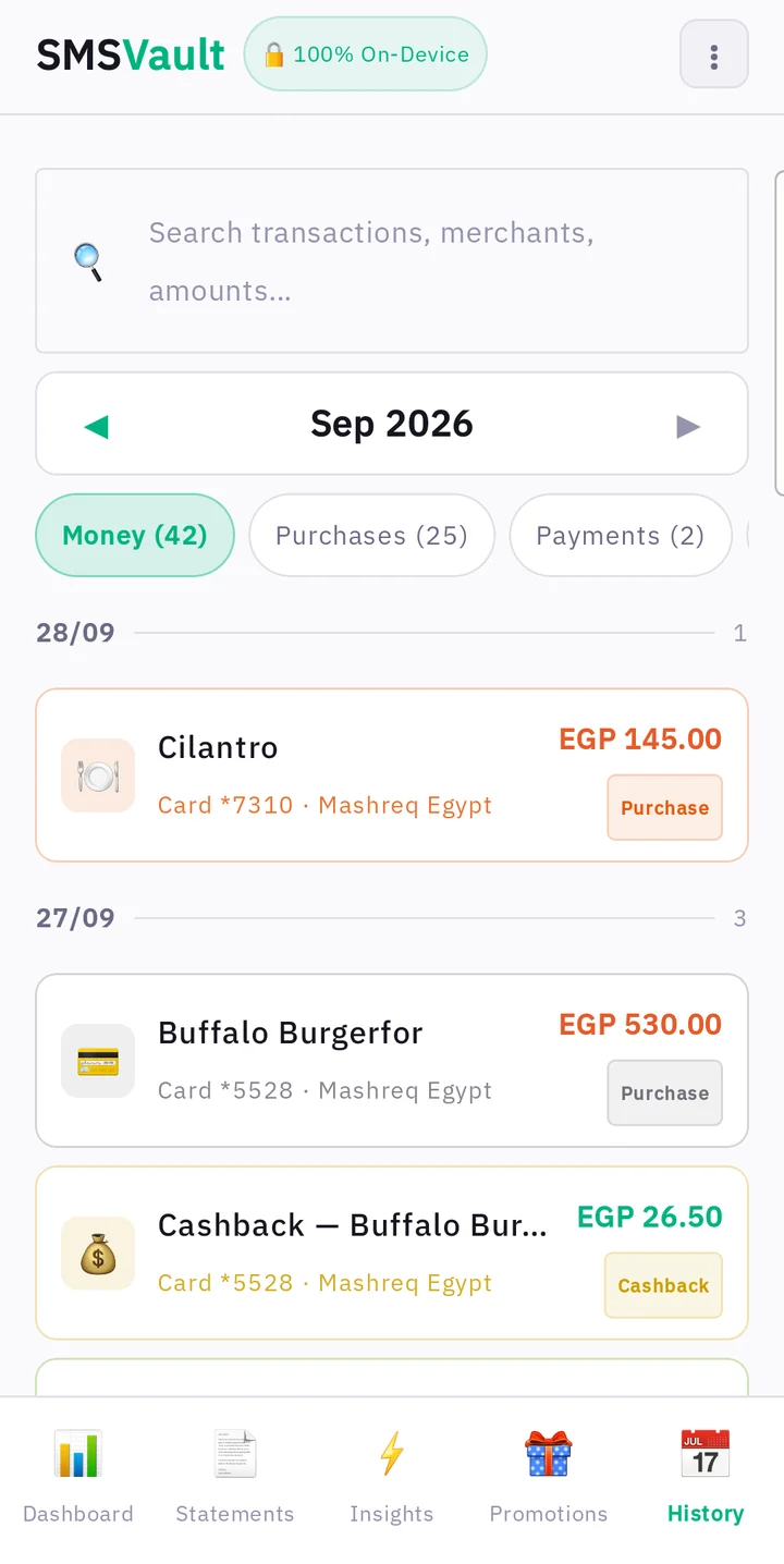 History: searchable list of bank messages