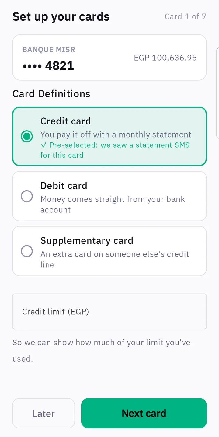 Card setup: choose credit, debit or supplementary and enter the limit