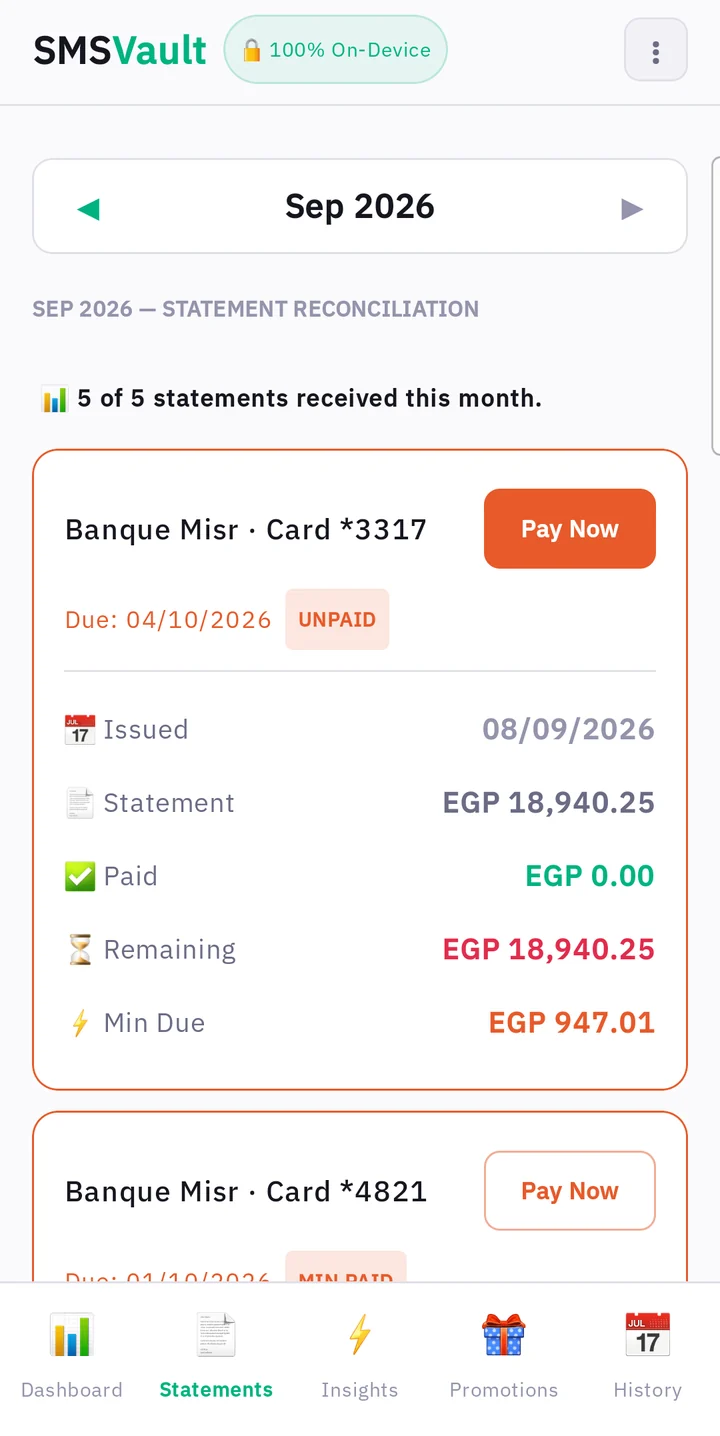 SMSVault Statements screen showing a card's bill, minimum due and due date