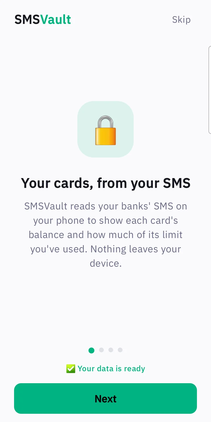 Welcome tour page: Your cards, from your SMS